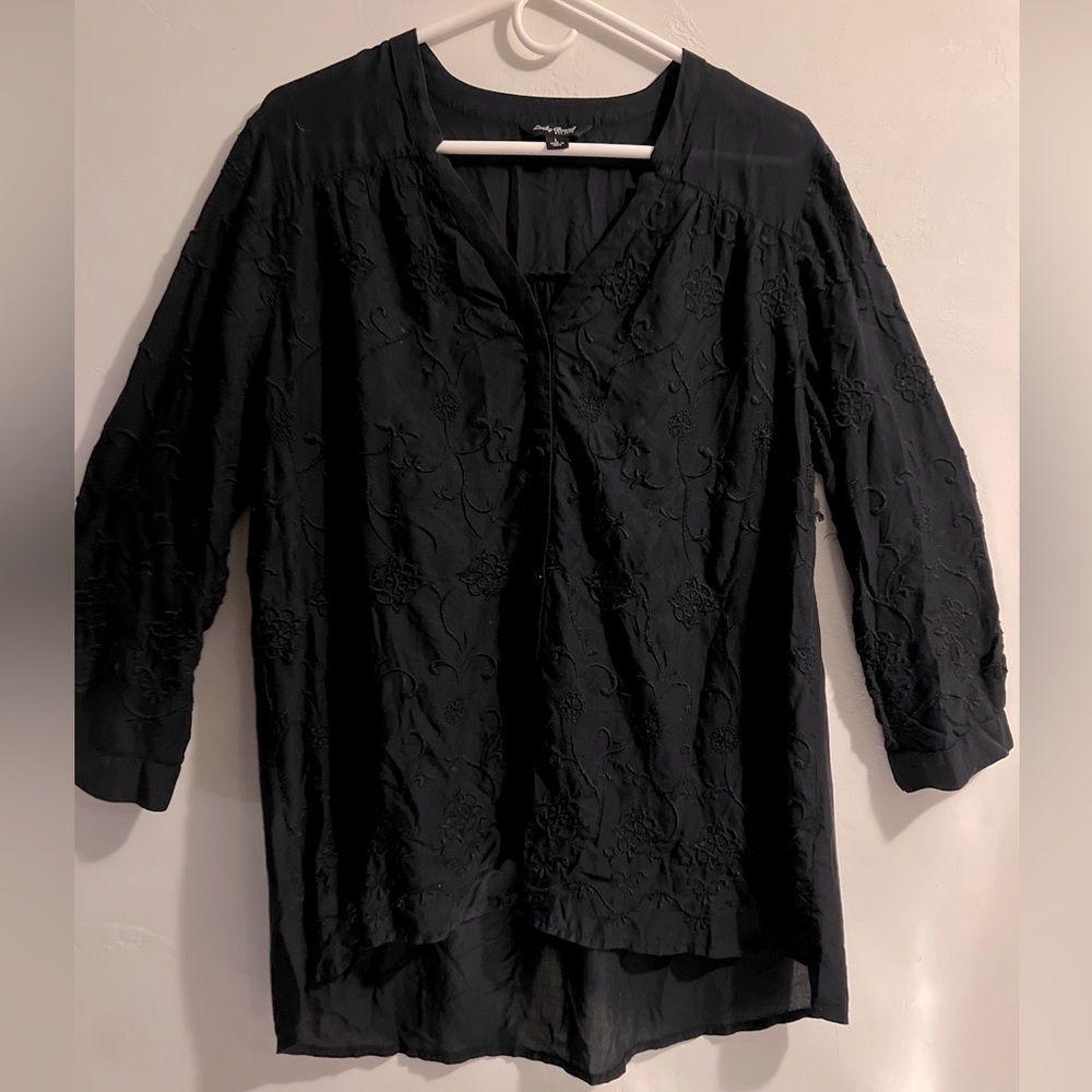 LUCKY BRAND Womens L Black Semi Sheer Embroidered Floral Long Sleeve Peasant Top